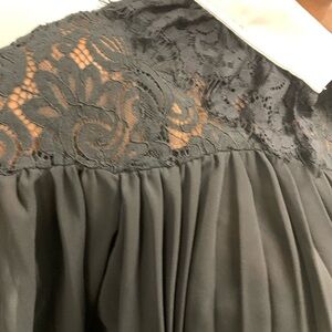 Womens Blouse Lace Ruffle Trim Long Sleeves Pleated Collared Black Size S